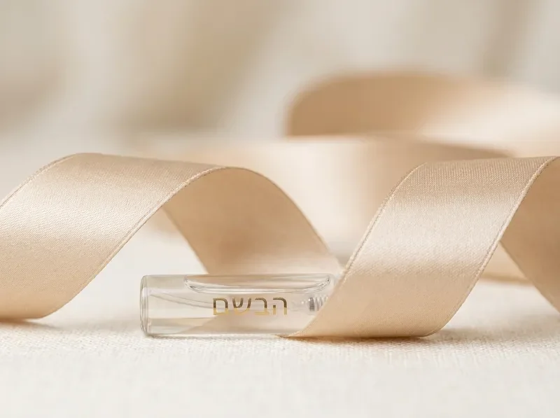 סרט סאטן מוזהב על בקבוקון בושם נסיוני
